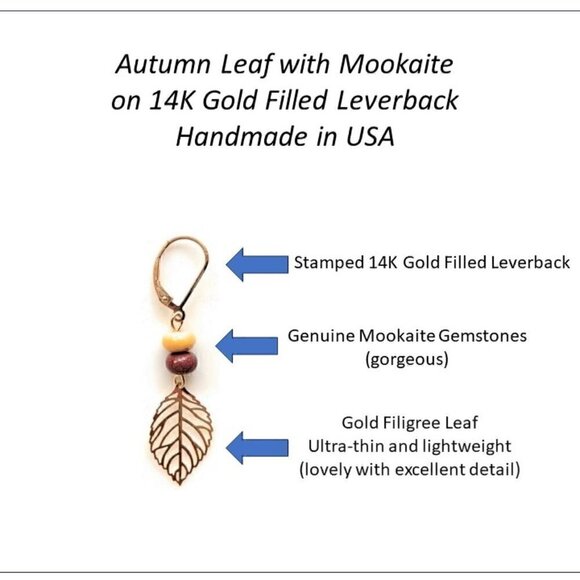 Gold Leaf Dangle Earrings 14k Gold Filled Lever Backs Filigree Leaf Mookaite - Picture 2 of 5